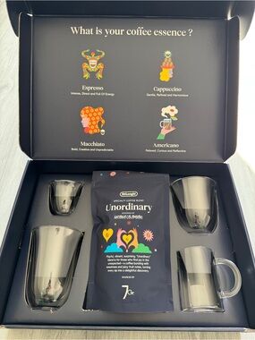 De'Longhi Glass Coffee Cup Set + 250grs of coffee beans